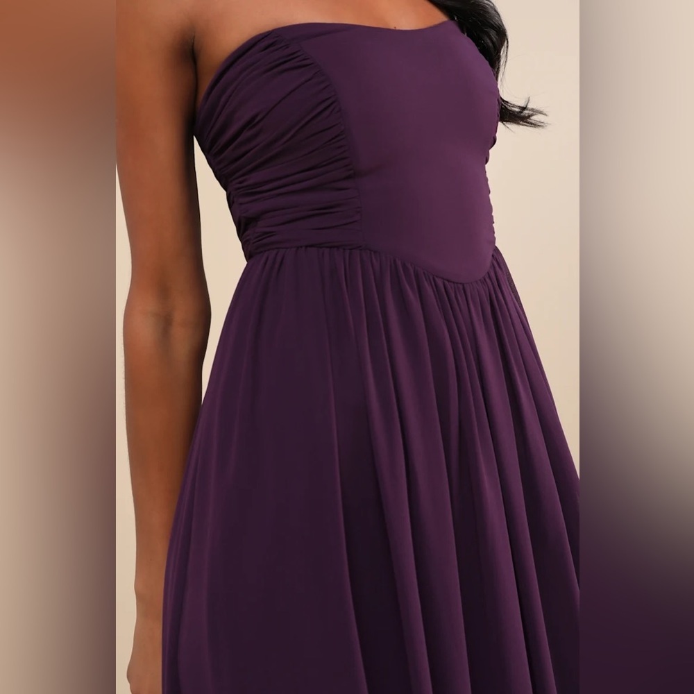 Lulus Luxe Favorite Dark Purple Strapless Ruched Maxi Dress - Picture 3 of 8